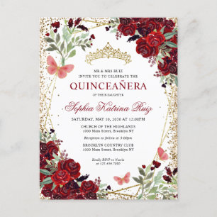 Carte Postale Floral moderne Bourgogne Rouge Or Tiara Quinceañer