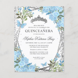 Carte Postale Floral moderne Dusty Bleu Argent Tiara Quinceañera