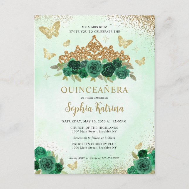 Carte Postale Floral moderne Emerald Vert Or Tiara Quinceañera (Devant)