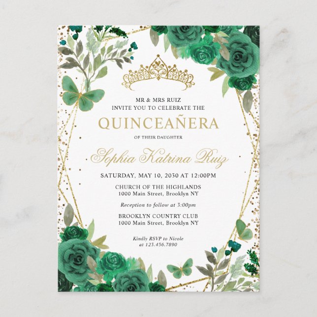 Carte Postale Floral moderne Emerald Vert Or Tiara Quinceañera (Devant)