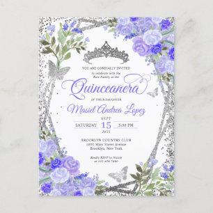 Carte Postale Floral moderne violet glam argent Tiara Quinceañer