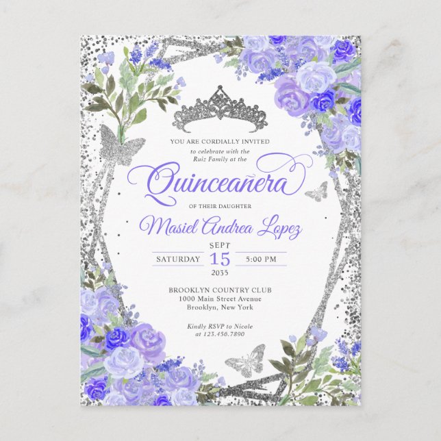 Carte Postale Floral moderne violet glam argent Tiara Quinceañer (Devant)