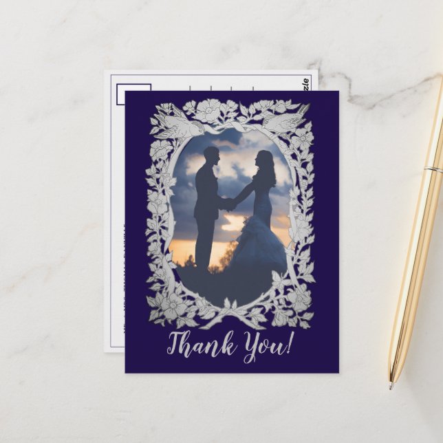 Carte Postale Floral Navy Blue Grey Bird Photo Mariage Merci (Devant/Arrière en situation)