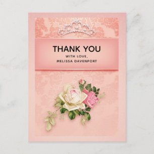 Carte Postale Floral rose avec Diamond Tiara Princess Merci
