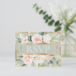 Carte Postale Floral rose Gold Sage Vert Quinceañera RSVP