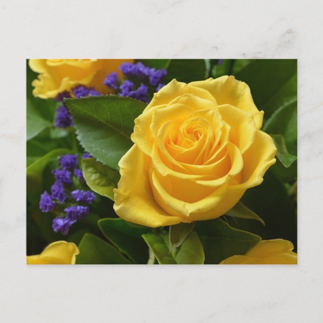 Carte Postale Floral Rose jaune & Fleurs violettes Bonjour l'amo (Devant)