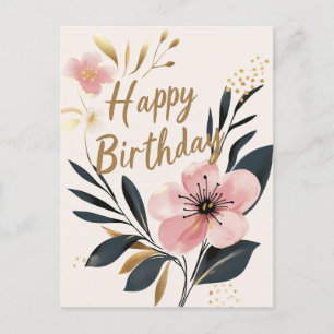 Carte Postale Floral Rose or heureux anniversaire