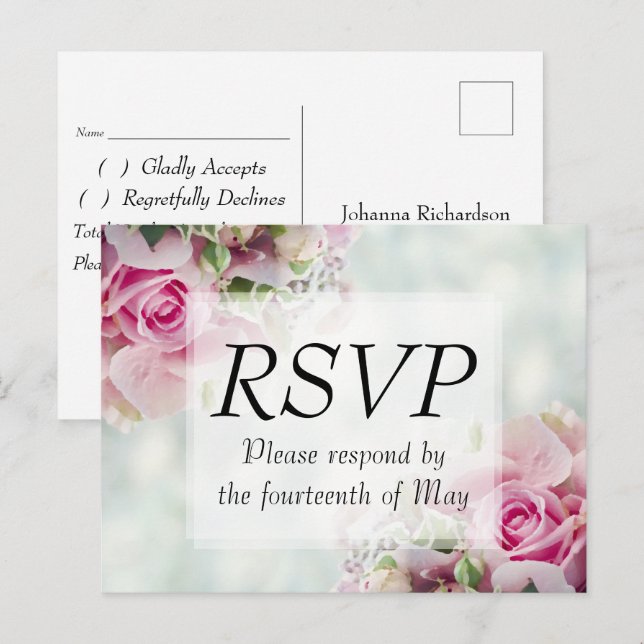 Carte Postale Floral rose pastel Faire-part de mariage RSVP (Devant / Derrière)