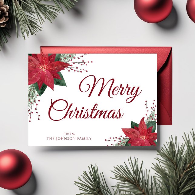 Carte Postale Floral Rouge Poinsettia Joyeux voeux de Noël (Floral Red Poinsettia Merry Christmas Greetings Postcard)