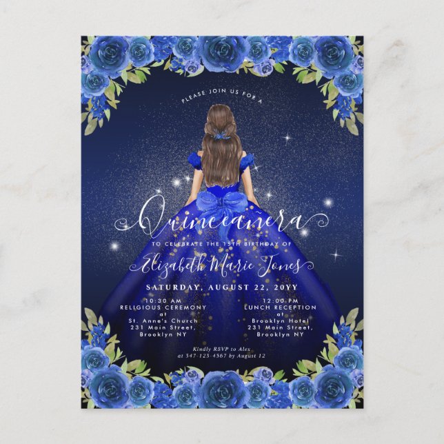 Carte Postale Floral Royal Blue Gold Glam Princess Quinceanera (Devant)