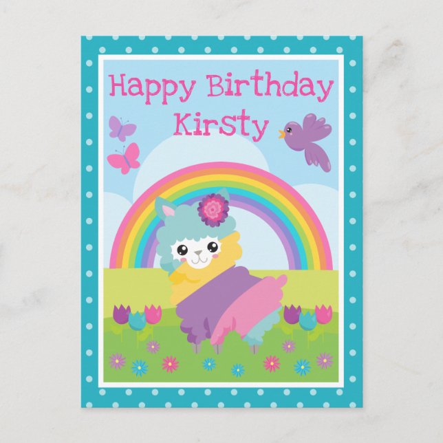 Carte Postale Floral Spring Rainbow Llama & Rainbow Birthday (Devant)