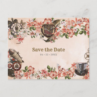 Carte Postale Floral Steampunk Mariage Enregistrer la date