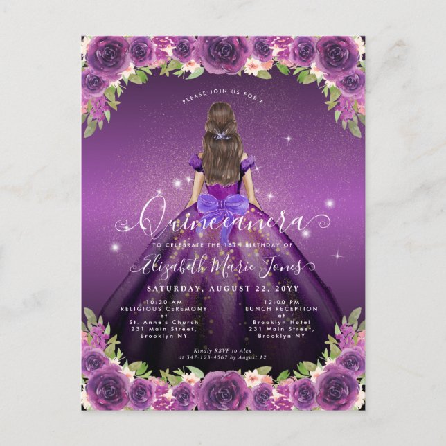 Carte Postale Floral Violet foncé Or Glam Princesse Quinceanera (Devant)