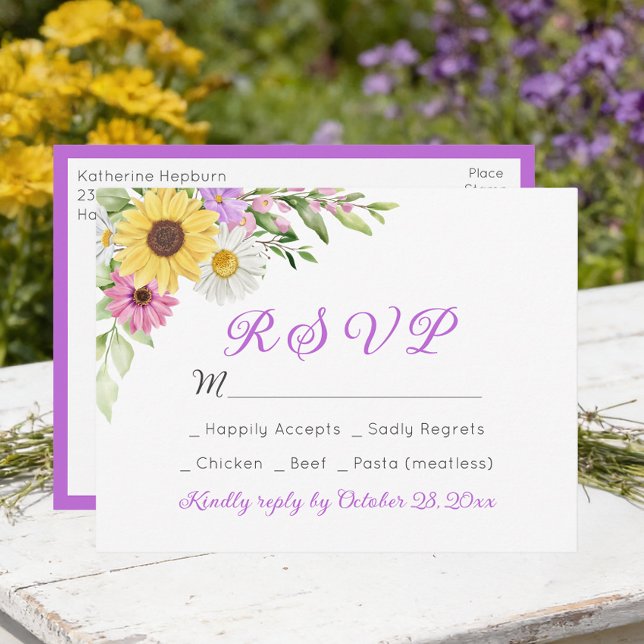 Carte Postale Floral Wedding Wildflower Sunflower Daisy RSVP (Créateur téléchargé)