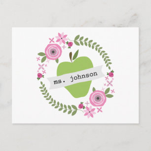 Carte Postale Floral Wreath Green Apple Enseignant personnalisé