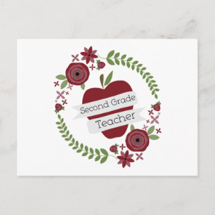 Carte Postale Floral Wreath Red Apple Enseignant de deuxième ann