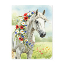 Carte postale florale aquarelle Cheval blanc et fl
