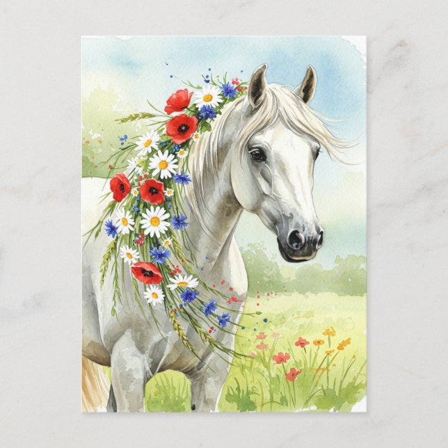 Carte postale florale aquarelle Cheval blanc et fl (Devant)