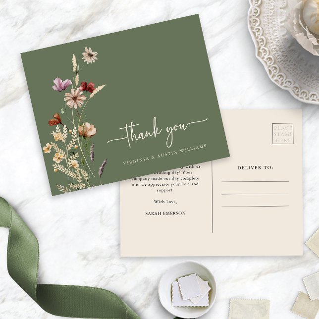 Carte postale florale de remerciement Sage (Thank You Sage Green Floral Postcard by Painted Paperie
)