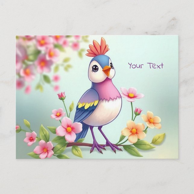 Carte postale florale d'oiseau bleu rose mignon (Devant)
