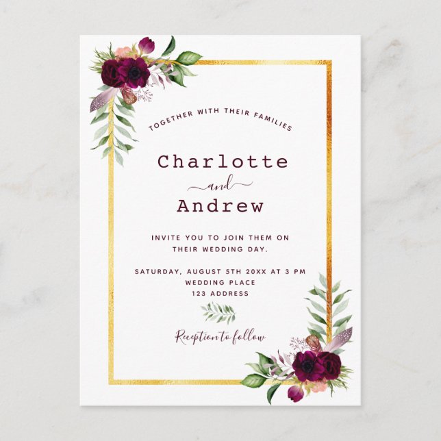 Carte Postale Florales blanc or vert vert mariage boho bordeaux (Devant)