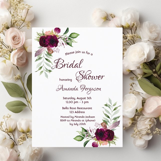 Carte Postale Floraux Bourgogne or verdure boho douche nuptiale (Créateur téléchargé)