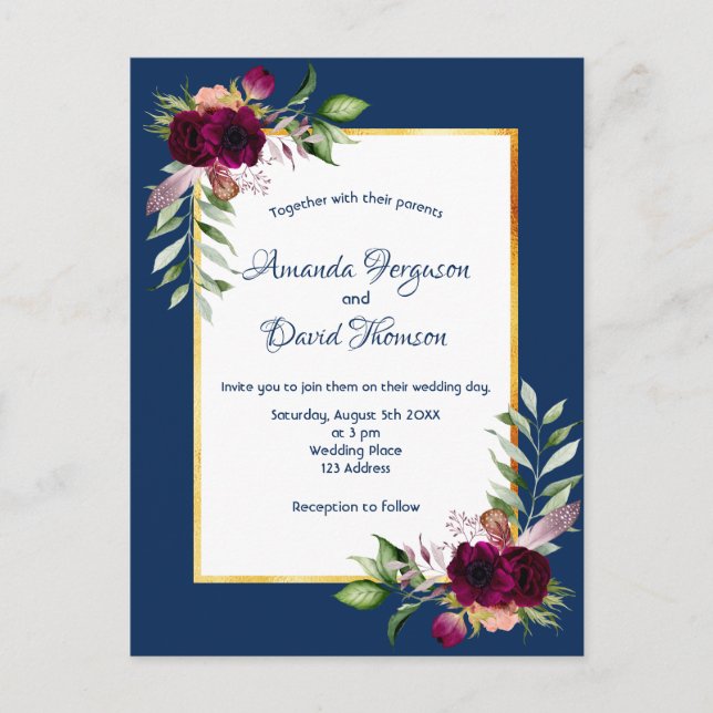 Carte Postale Floraux Bourgogne or vert boho bleu mariage (Devant)