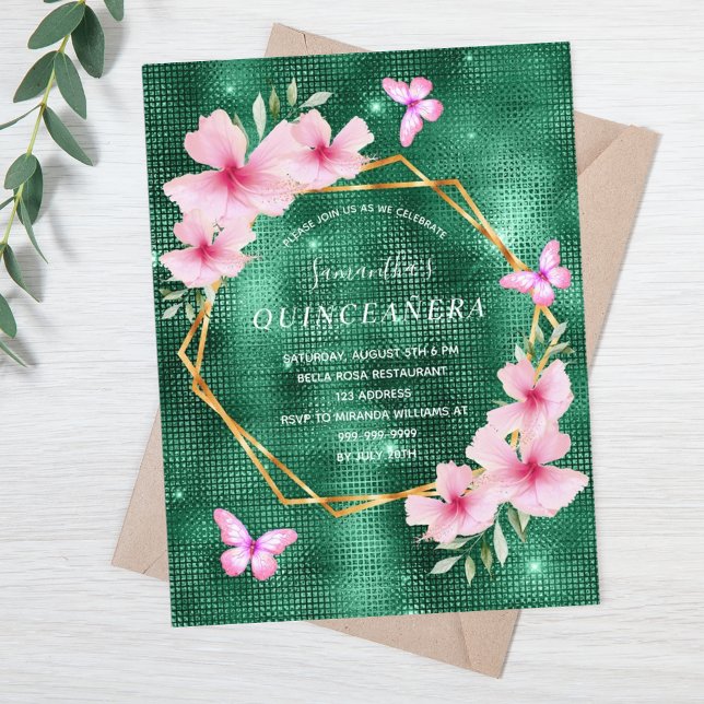 Carte Postale Floraux vert émeraude rose quinceanera (Créateur téléchargé)