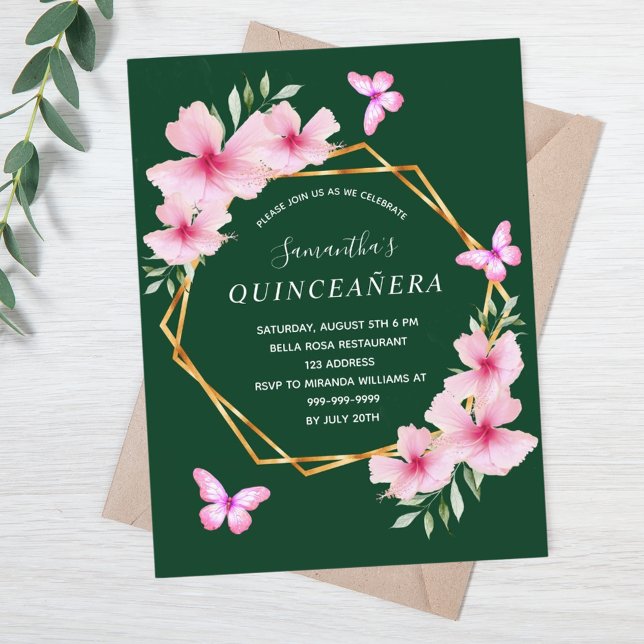 Carte Postale Floraux vert émeraude rose quinceanera (Créateur téléchargé)