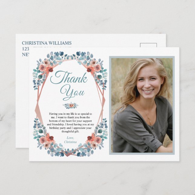 Carte Postale Flore bleu rustique 50e anniversaire Merci Photo (Devant / Derrière)