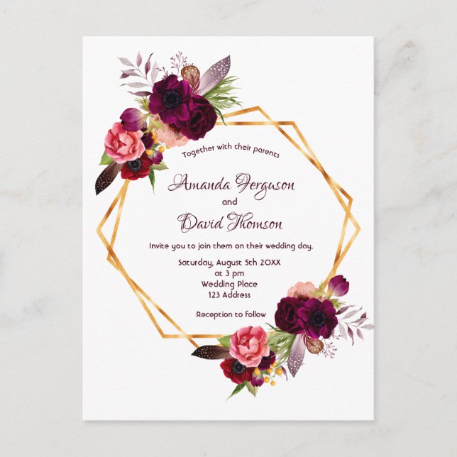 Carte Postale flores bordeaux faire-part de mariage boho géométr (Devant)