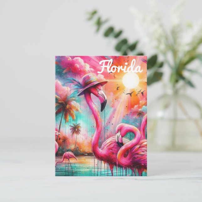 Carte Postale Floride Flamants roses roses tropicaux Palm Trees  (Debout devant)