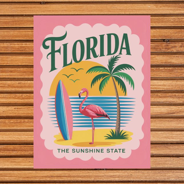 Carte Postale Floride Le Surf de Flamant rose rétro Sunshine Sta (Florida The Sunshine State Retro Flamingo Surf Postcard
)