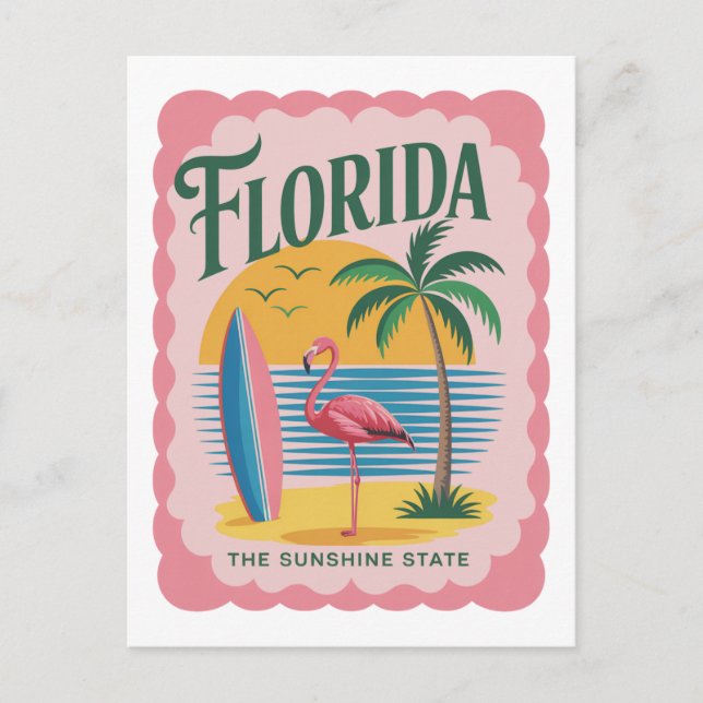Carte Postale Floride L'État Ensolleillé Rétro Flamant Rose Plag (Devant)