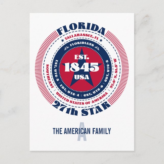 Carte Postale Floride, Tallahassee, FL, Patriotique, Monogramme (Devant)