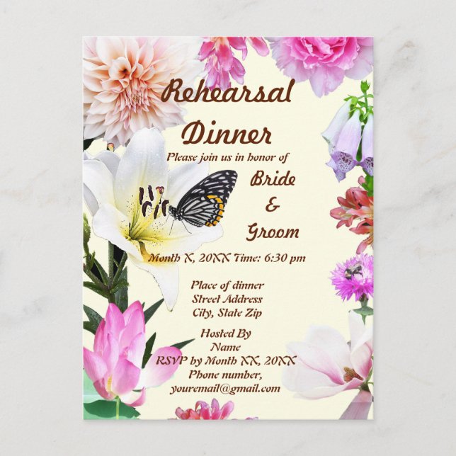 Carte Postale Flowers & Butterfly Rehearsal Dinner Postcard (Devant)