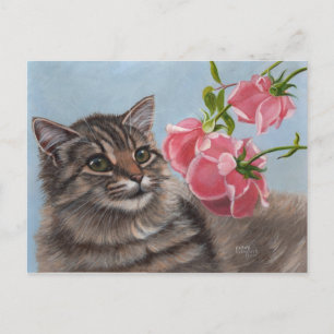 Carte Postale Fluffy Cat et 3 Roses roses