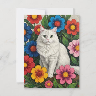 Carte Postale Fluffy Chat blanc et Fleurs d'Art folklorique
