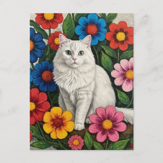 Carte Postale Fluffy Chat blanc et Fleurs d'Art folklorique (Devant)