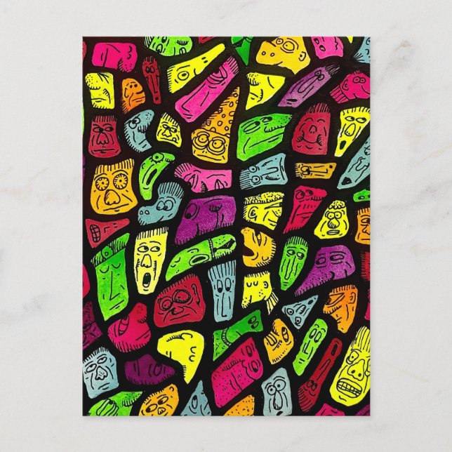 Carte Postale Fluorescent Cartoon Weird Faces Drawing (Devant)