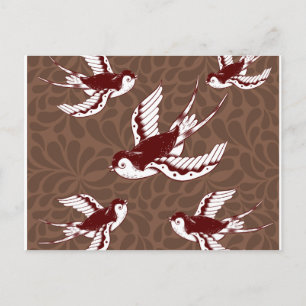 Carte Postale Flying Birds on Brown Damask Pattern
