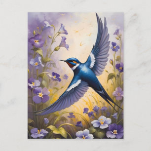 Carte Postale Flying Swallow Field of Violet Flowers