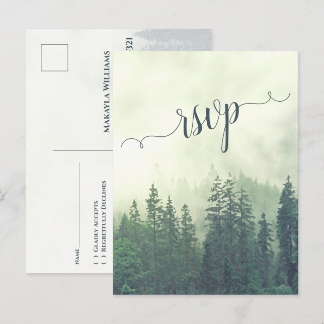 Carte Postale Foggy Mountains Green Pine Forest Wedding RSVP (Devant / Derrière)