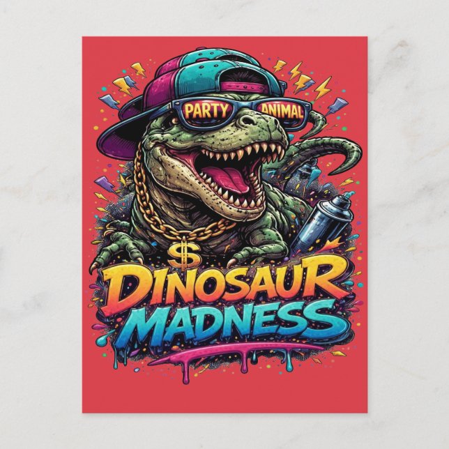 Carte Postale Folie de dinosaure — Graphisme de T‑Rex fêtard (Devant)