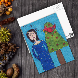 Carte Postale Folk Art Lady Apple Tree Red Bird Notes musicales