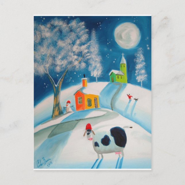 CARTE POSTALE FOLK ART SNOW SCENE COW MOON (Devant)