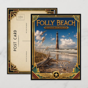 Carte Postale Folly Beach Caroline du Sud Art Déco Doré Vintage