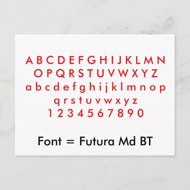 Carte Postale Font = Futura Md BT alphabet letters, digits (Devant)
