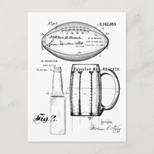 Carte Postale Football & Beer Mug, Bouteille, Bleu Brevet