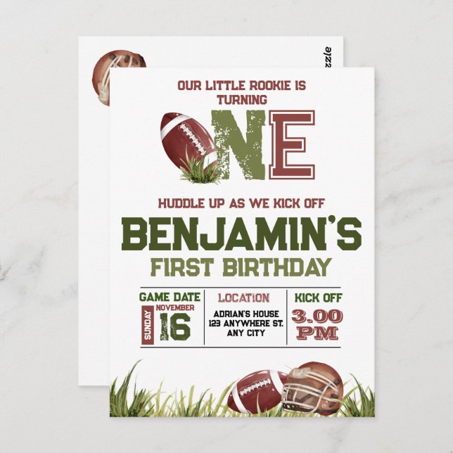 Carte Postale Football Première Année Down Football Fête d'anniv (Devant / Derrière)